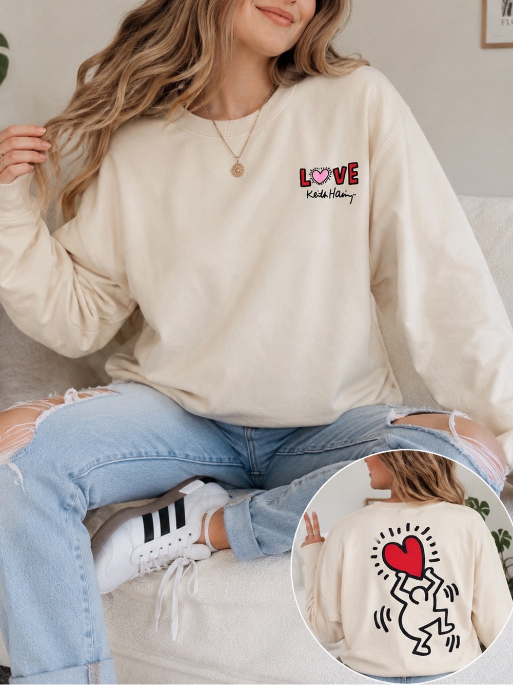 Keith Haring LOVE Heart Graphic Sweatshirt Cream XL Pop Art - Picture 8 of 8